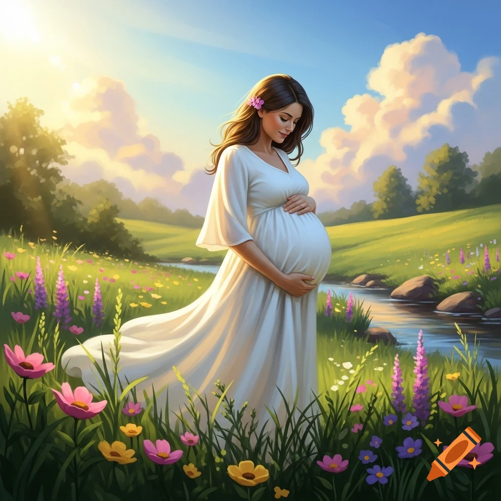 A serene digital painting of a pregnant woman in a white dress standing in a vibrant wildflower field by a stream under a sunny sky.