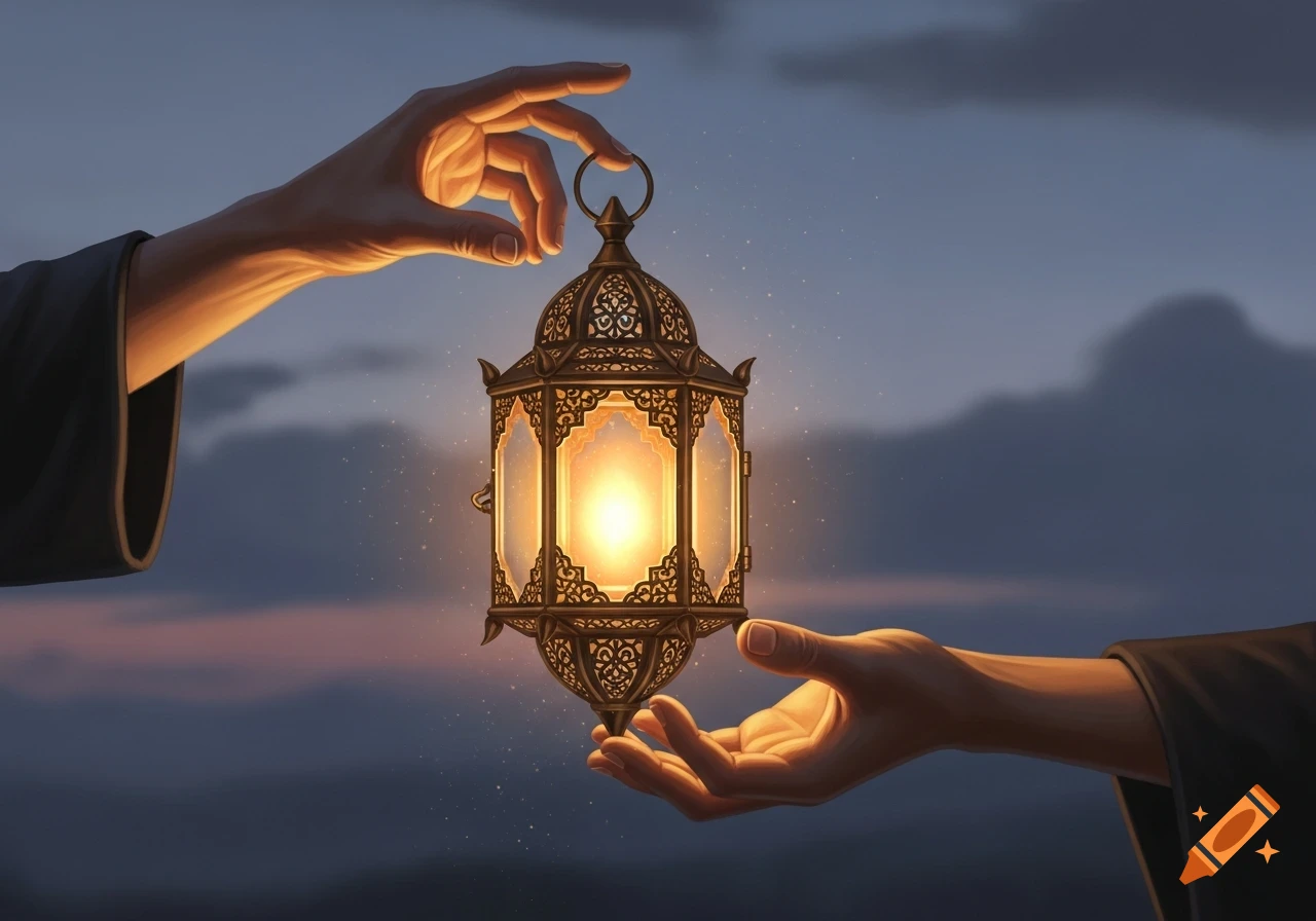 Two hands passing a glowing ornate old lantern against a dark twilight sky, digital illustration.