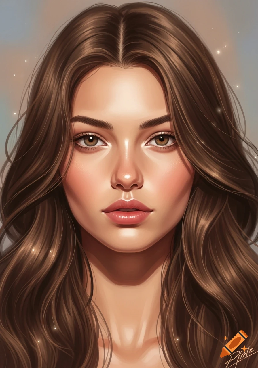 A stylized digital art portrait of a woman with long wavy brown hair ...
