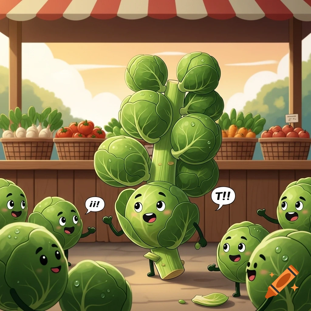 Cartoon Brussels sprouts on a stalk talking to other sprouts at a sunny outdoor market stall.