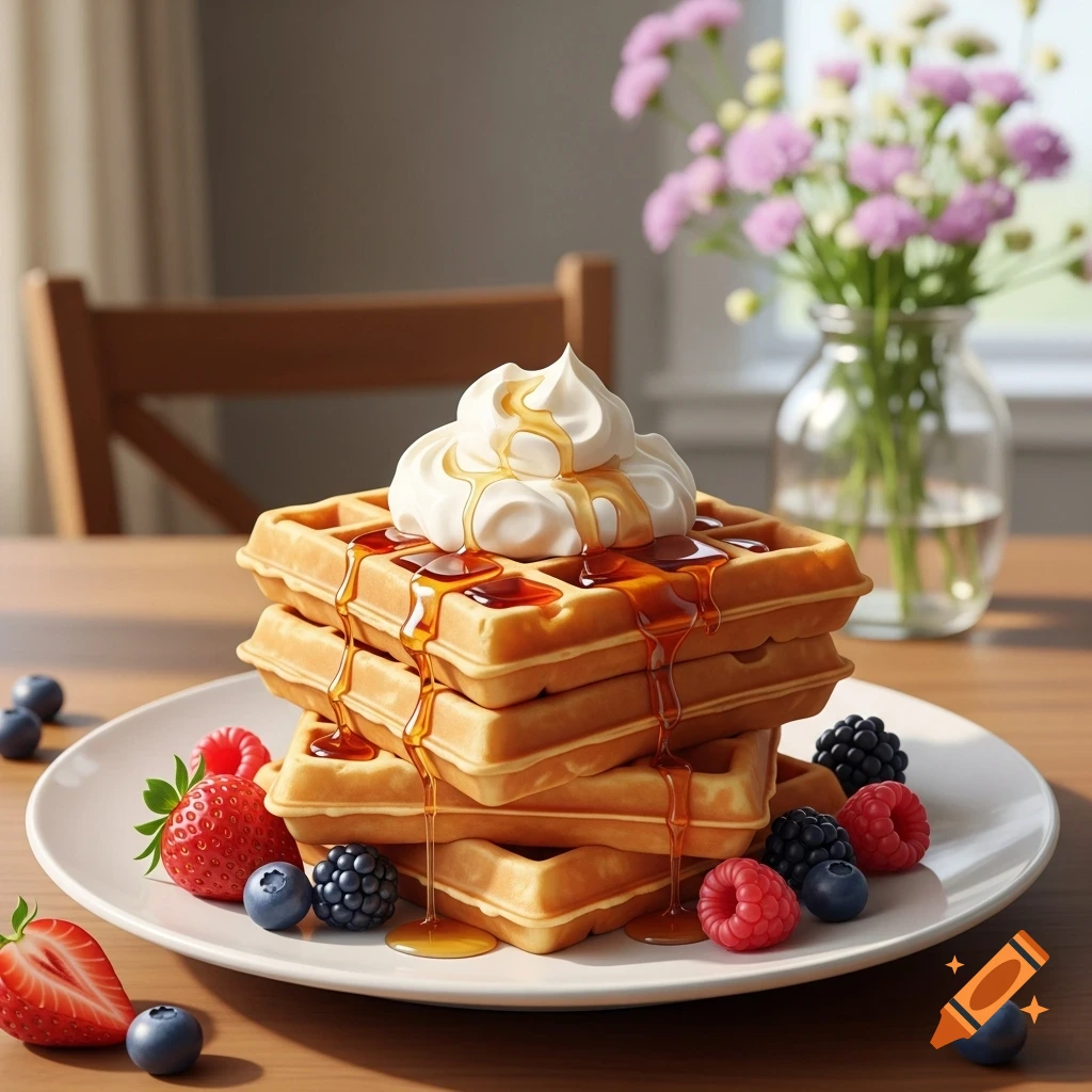 A stack of golden waffles topped with whipped cream and maple syrup, surrounded by fresh strawberries, blueberries, raspberries, and blackberries, on a white plate.