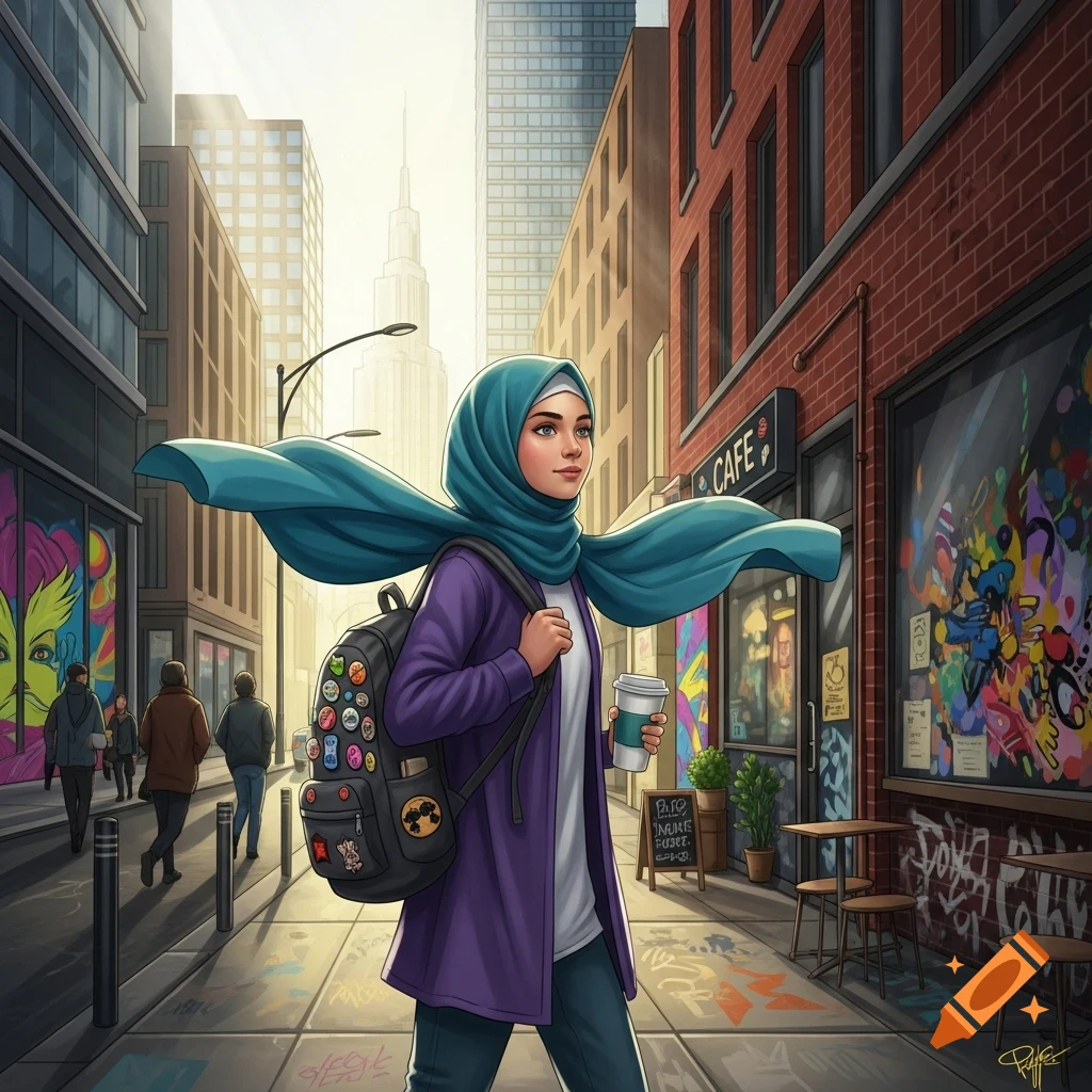 An illustrated Muslim teenager with a teal hijab and purple jacket walks along a vibrant city street past a cafe, holding a coffee cup.