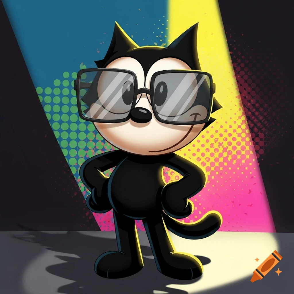 A cartoon Felix the Cat in square glasses stands against a colorful pop art background with spotlights.