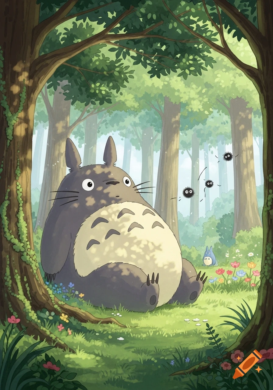 Big grey Totoro sits in a lush green forest with small blue Totoro and soot sprites, in an anime illustration style.