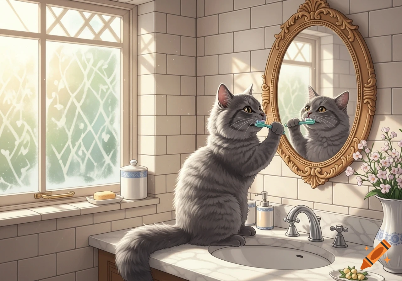 A fluffy grey cat stands on a bathroom counter, brushing its teeth in front of a mirror with a light blue toothbrush.