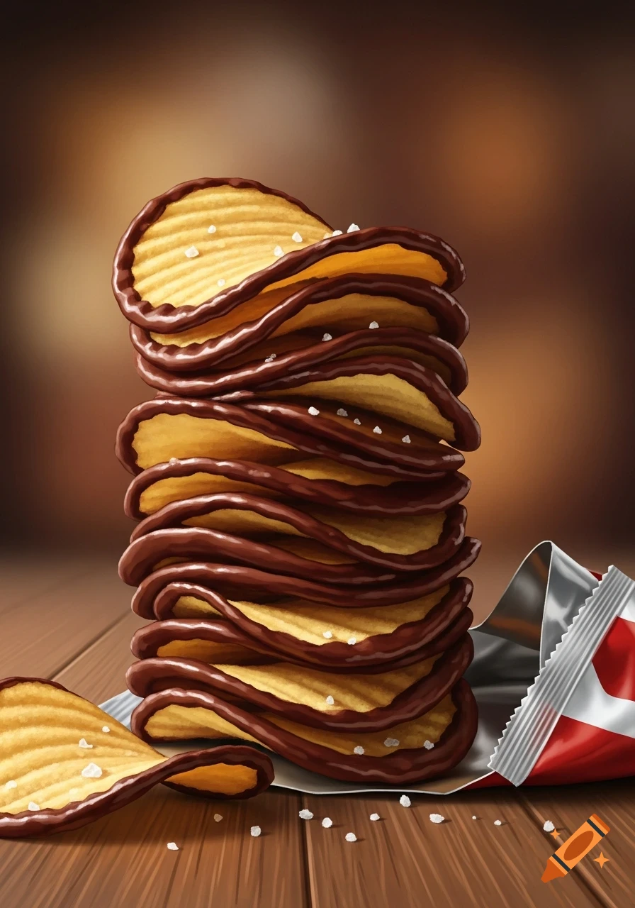 A tall stack of chocolate-covered potato chips with salt on a wooden table, next to an open bag, in an illustrative style.