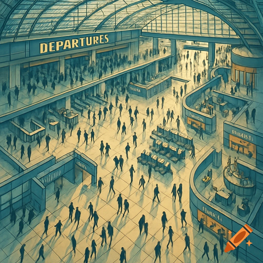 Overhead view of a stylized, busy airport departure terminal with a "DEPARTURES" sign and many people.