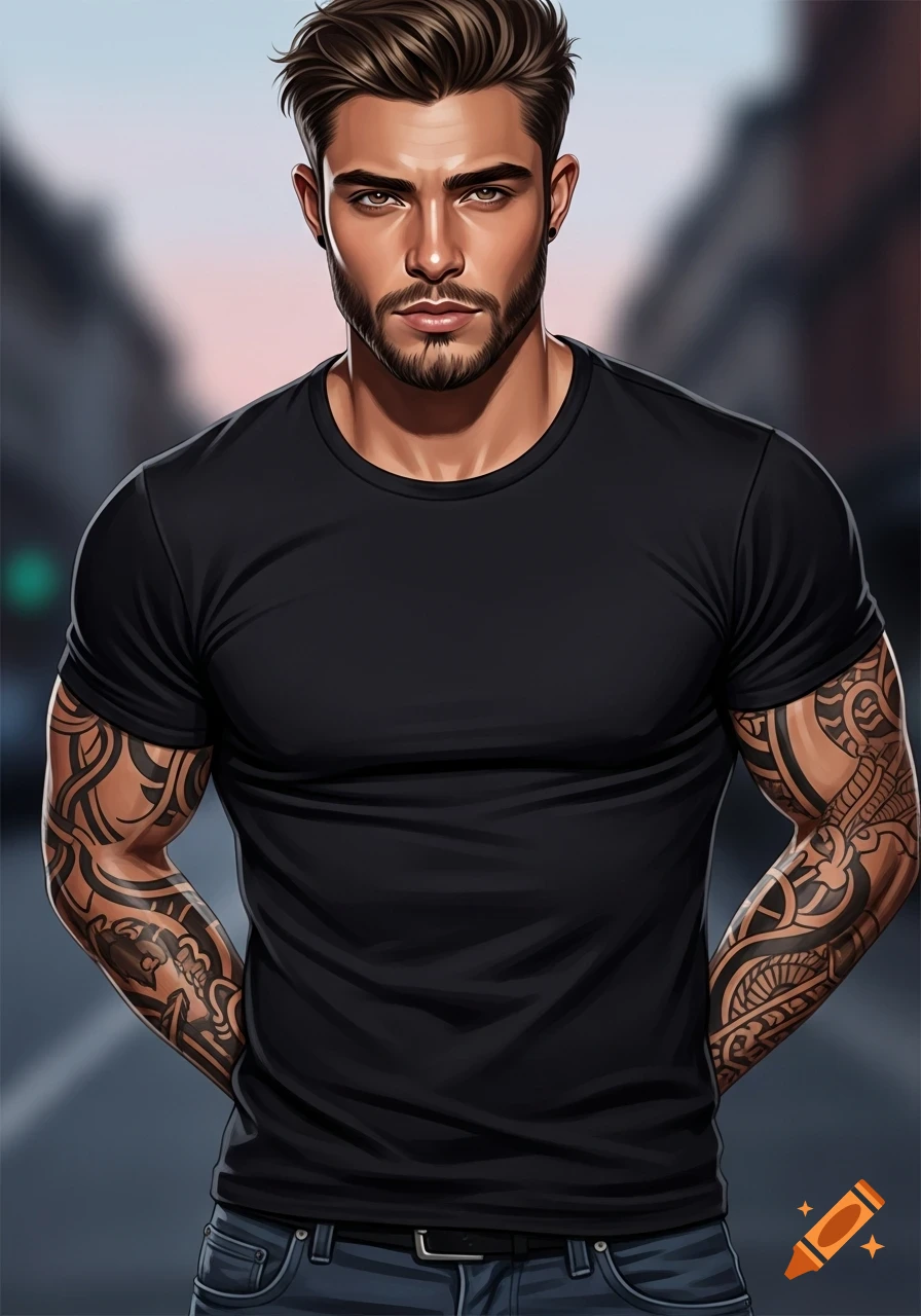 Stylized portrait of a man with a beard, black t-shirt, and full-sleeve tattoos, standing outdoors.
