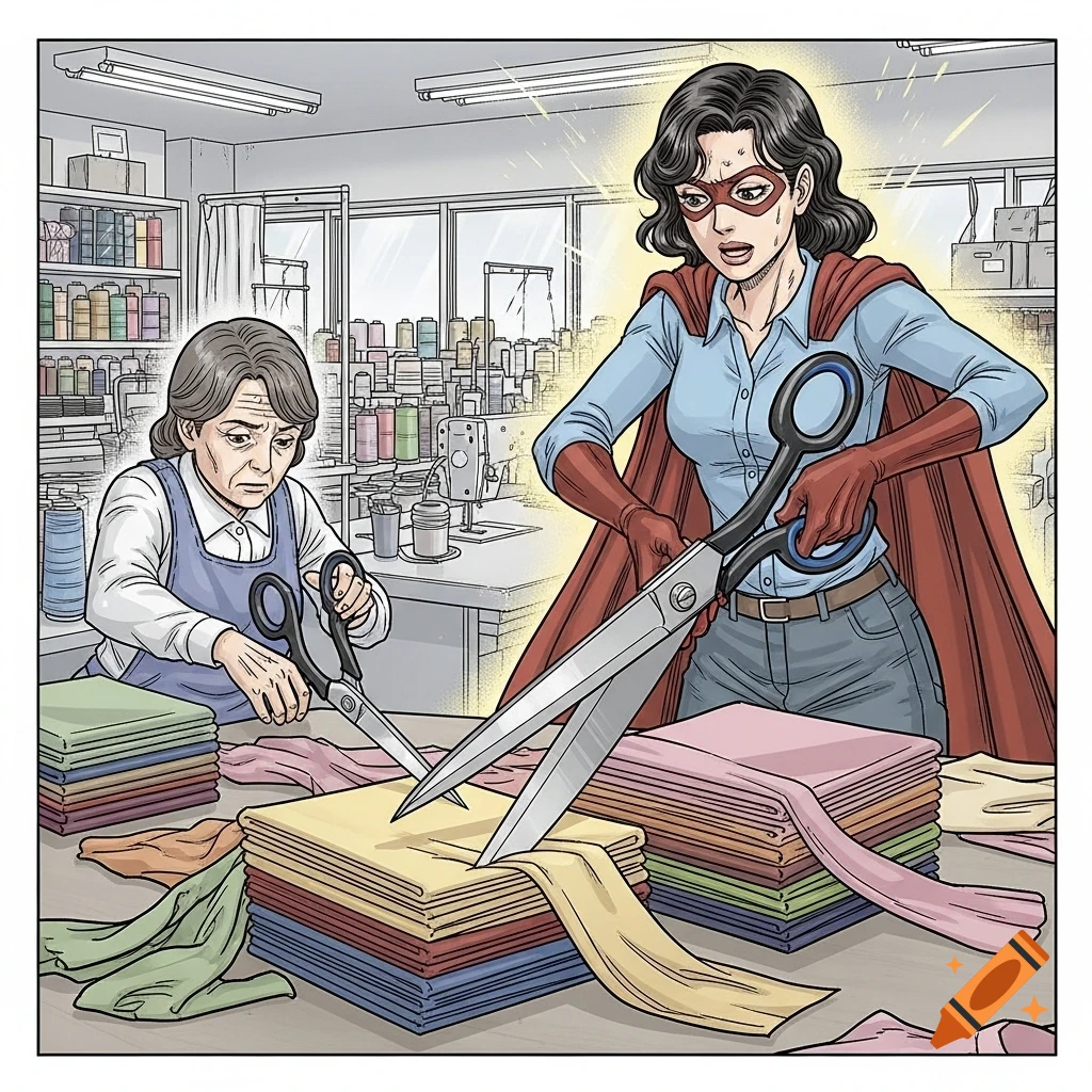 An older woman cuts fabric with small scissors, looking tired, beside a superheroine in a mask and cape dramatically cutting large fabric stacks with giant scissors in a sewing workshop, manga style.