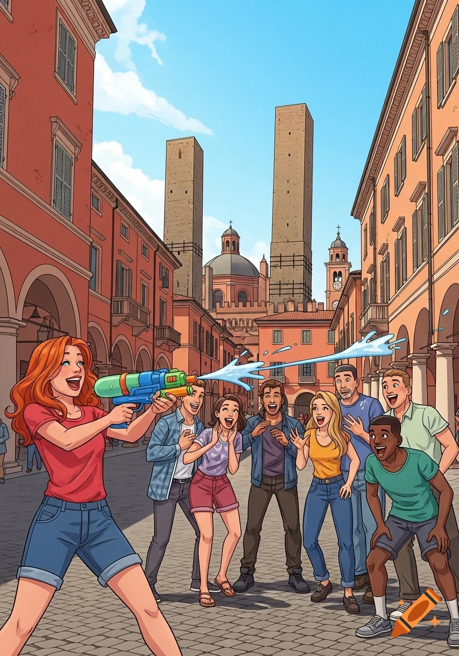 A red-haired girl sprays friends with a water gun in a comic-style Bologna street with the Two Towers.
