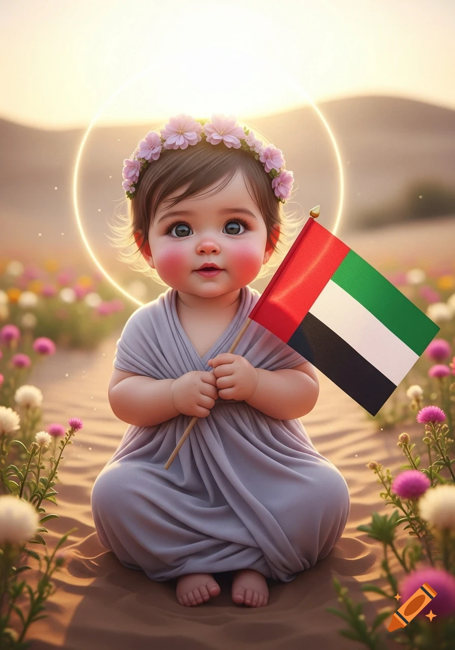 A cute baby girl wearing a flower crown and grey dress sits in a desert field with flowers, holding a UAE flag at sunset.