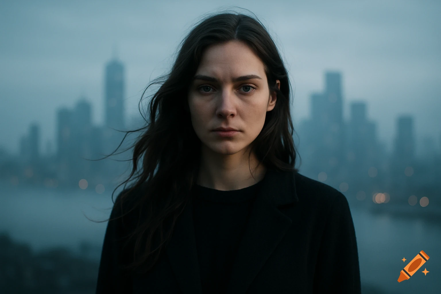 Photorealistic portrait of a serious woman with dark hair, wearing a black coat, against a misty blue-gray cityscape at dawn.