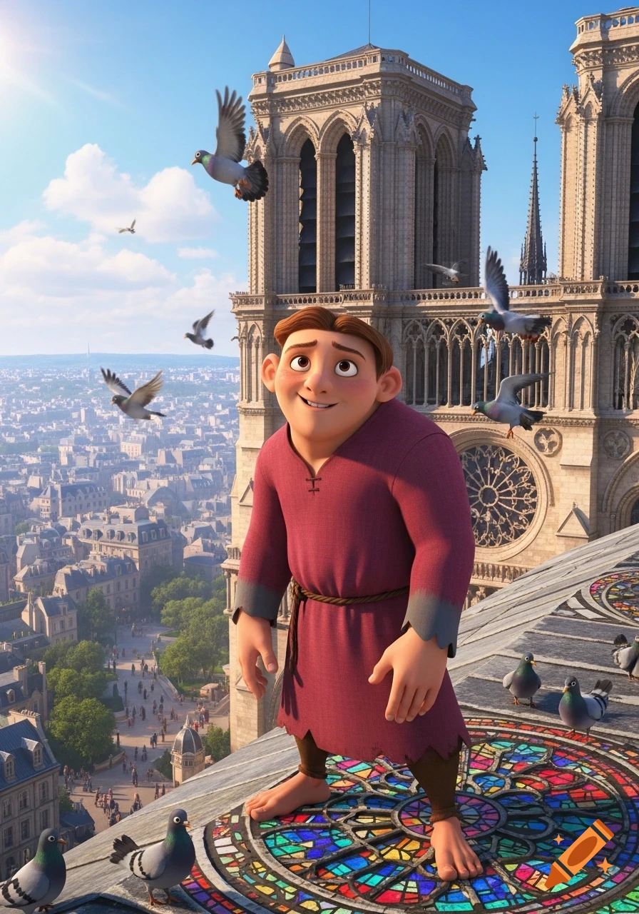 A Pixar-style man, resembling Quasimodo, stands barefoot on Notre Dame's rooftop among pigeons, overlooking a city.