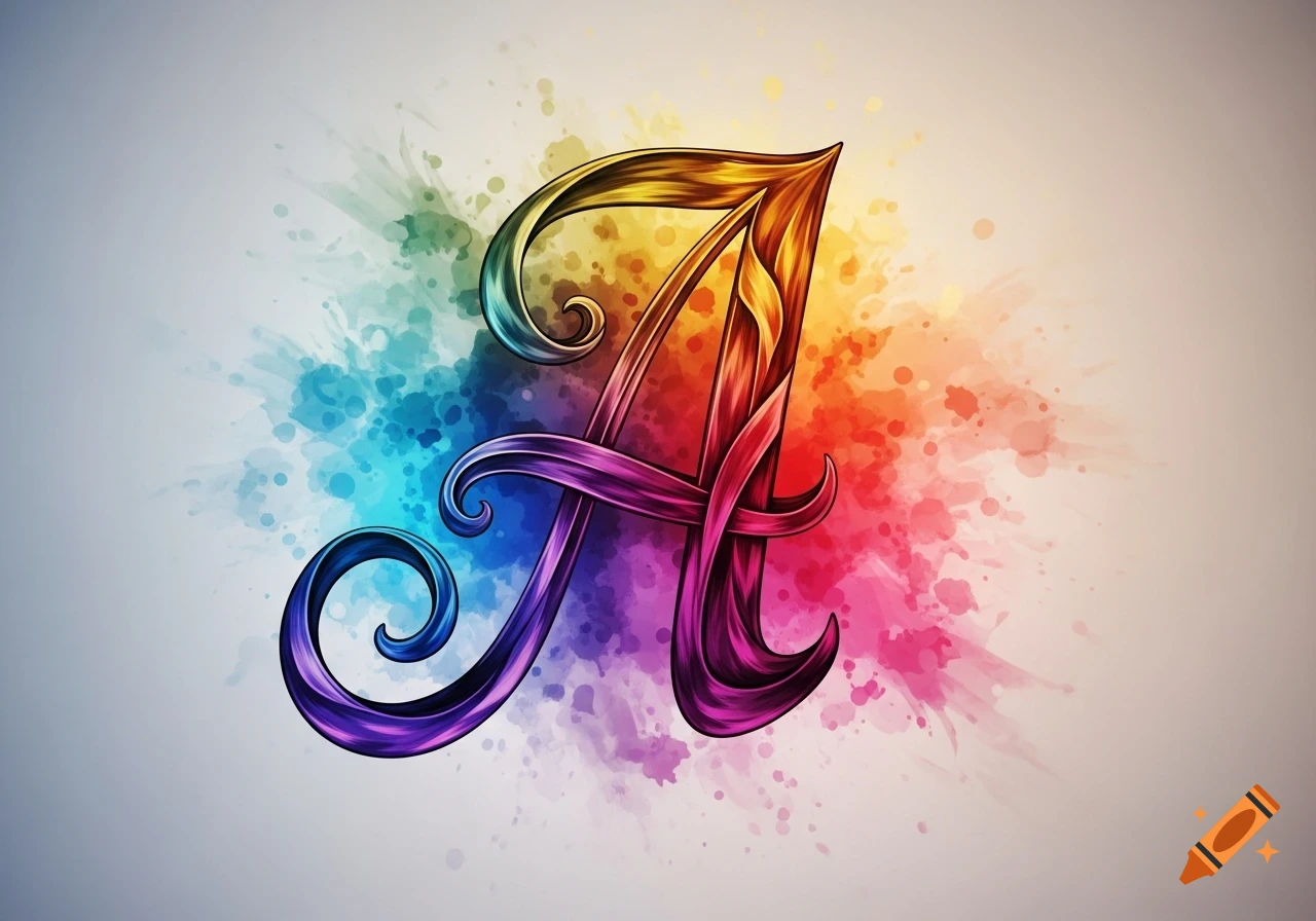 Vibrant rainbow-colored calligraphic letter A on a watercolor splatter background.