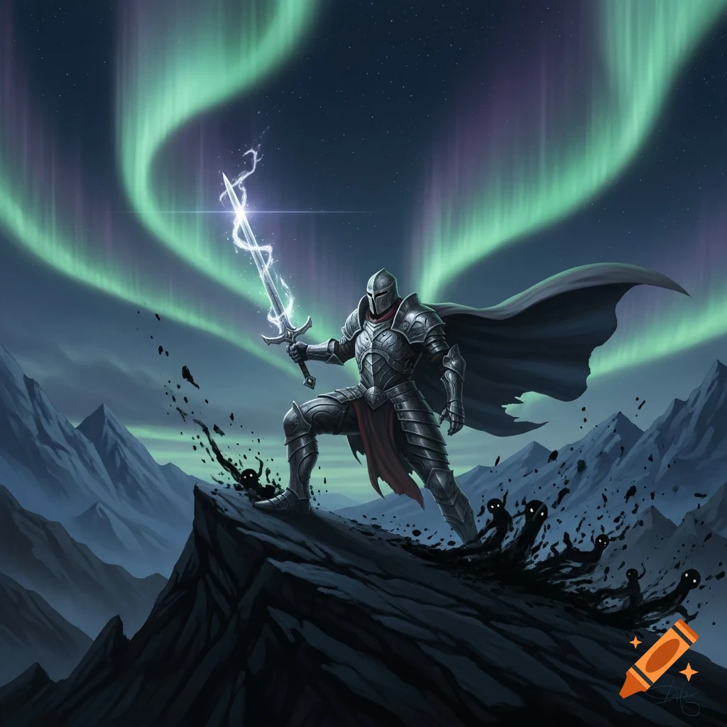 A knight in dark armor with an electric sword stands on a mountain peak under the aurora, fighting shadowy creatures.