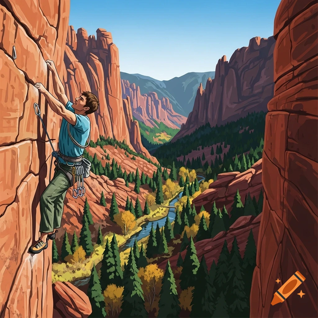 An illustration of a man rock climbing a red cliff face, overlooking a scenic canyon with a river and green and yellow trees under a clear blue sky.