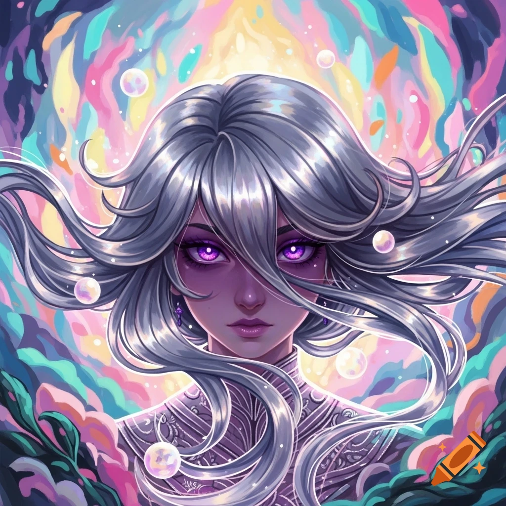 Anime character with flowing silver hair and glowing purple eyes against a vibrant, abstract background.