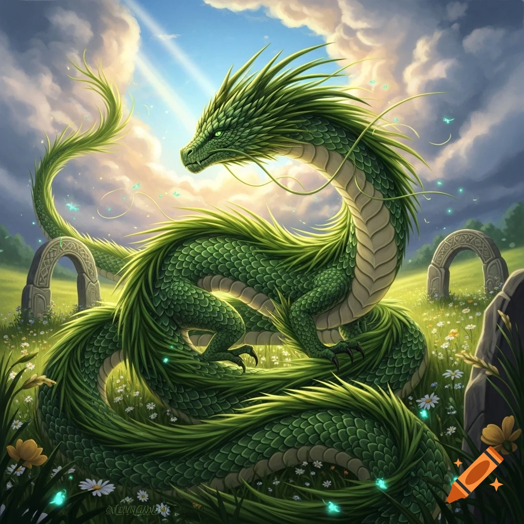 A majestic green grass dragon with glowing eyes sits coiled in a sunny ...