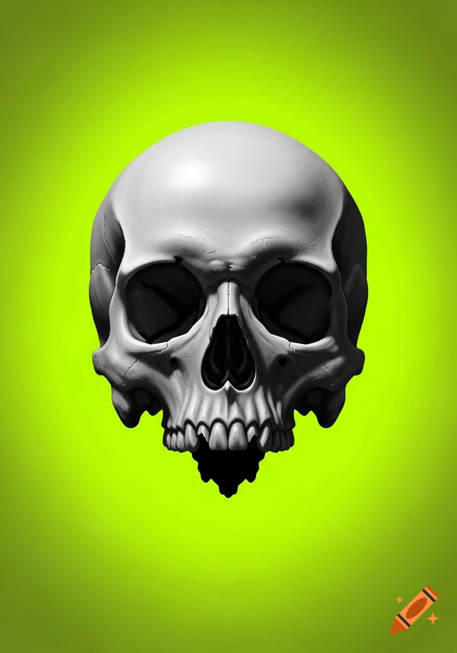 A stylized grey human skull with deep shadows against a vibrant lime green background.