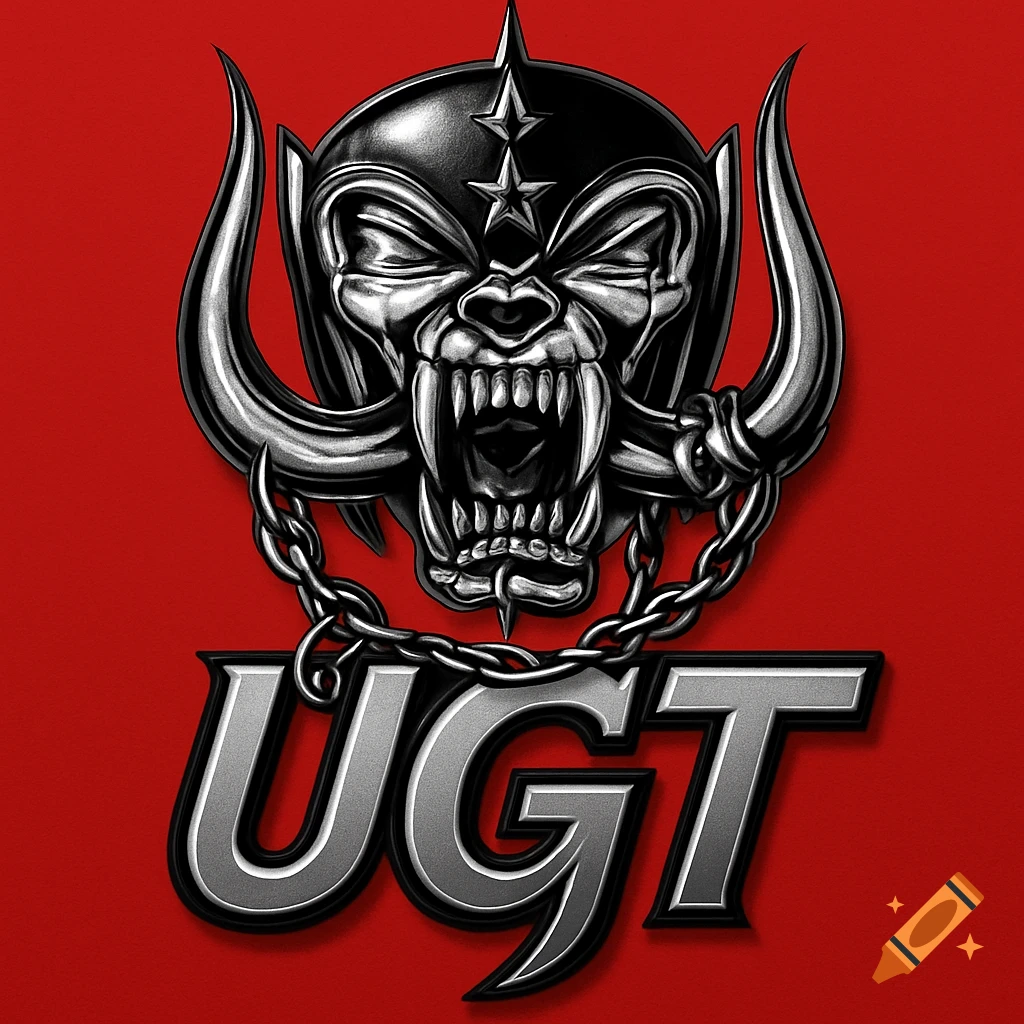 A stylized black and silver skull with horns and chains, resembling the Motörhead logo, above metallic 'UGT' text on a red background.