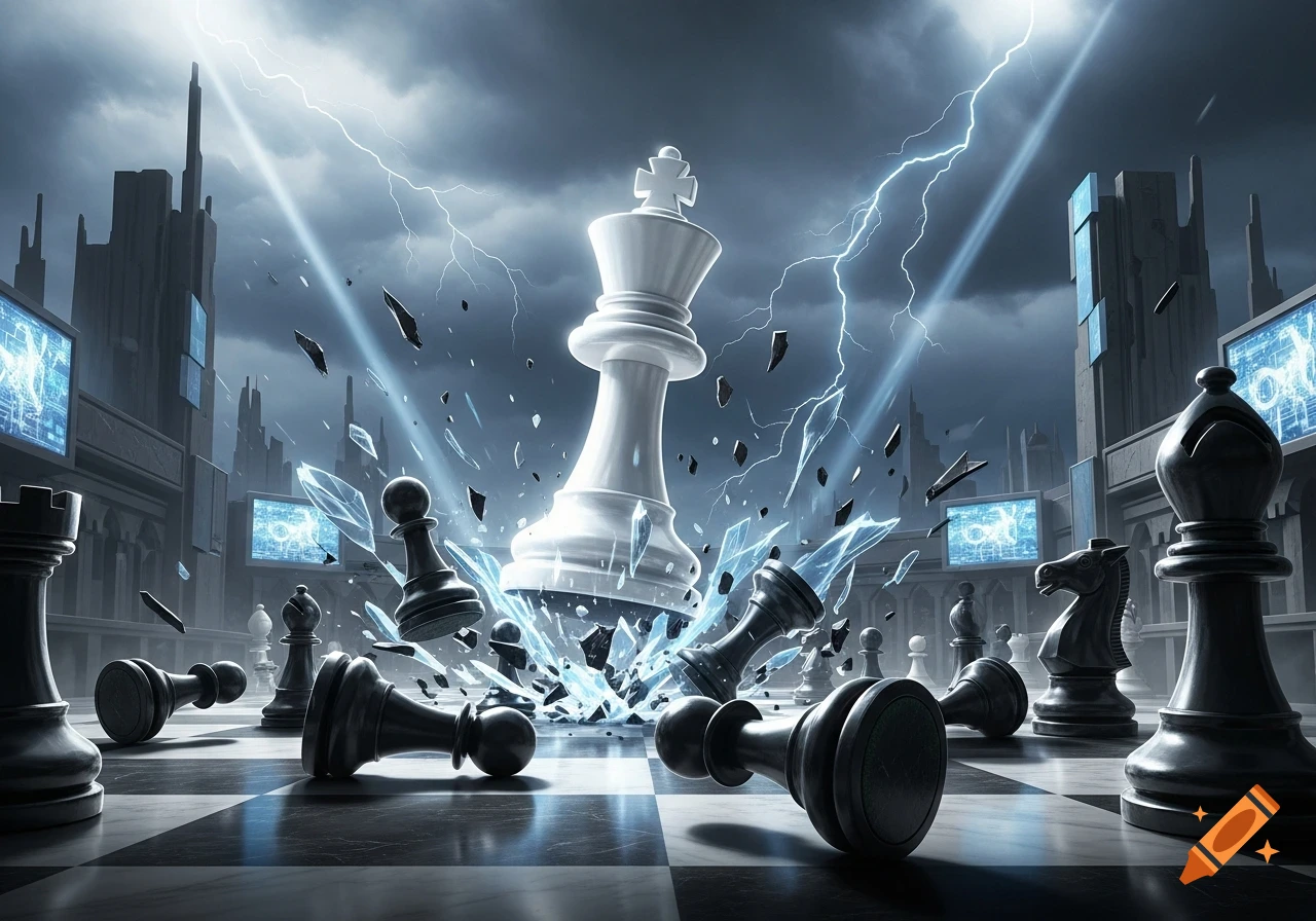 A giant white chess king smashes a chessboard amid lightning and scattered black pieces in a dramatic digital art scene.