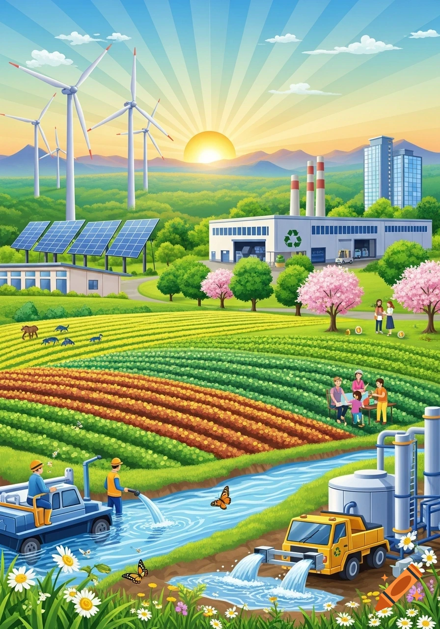 A vibrant cartoon illustration of a sustainable landscape featuring wind turbines, solar panels, a recycling factory, diverse crop fields, and a clean river with people and workers.