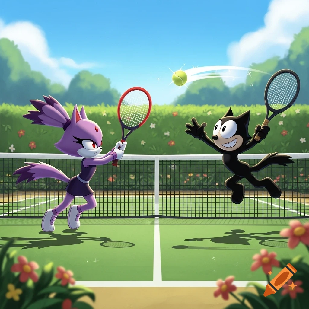 Blaze the Cat and Felix the Cat play tennis on an outdoor court, in a vibrant cartoon style.