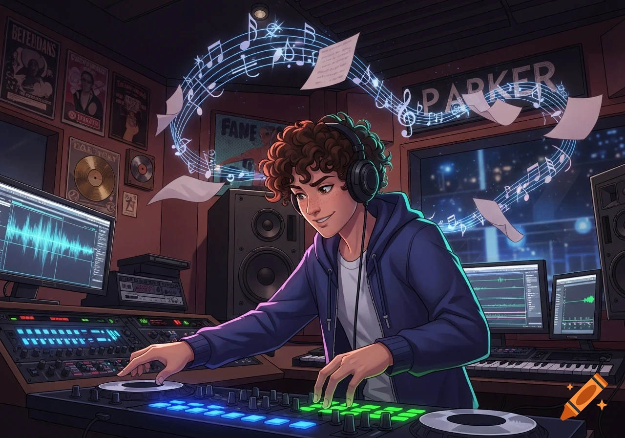 An anime-style illustration of a young man with curly hair and headphones, smiling and DJing in a music studio. Musical notes float around him.