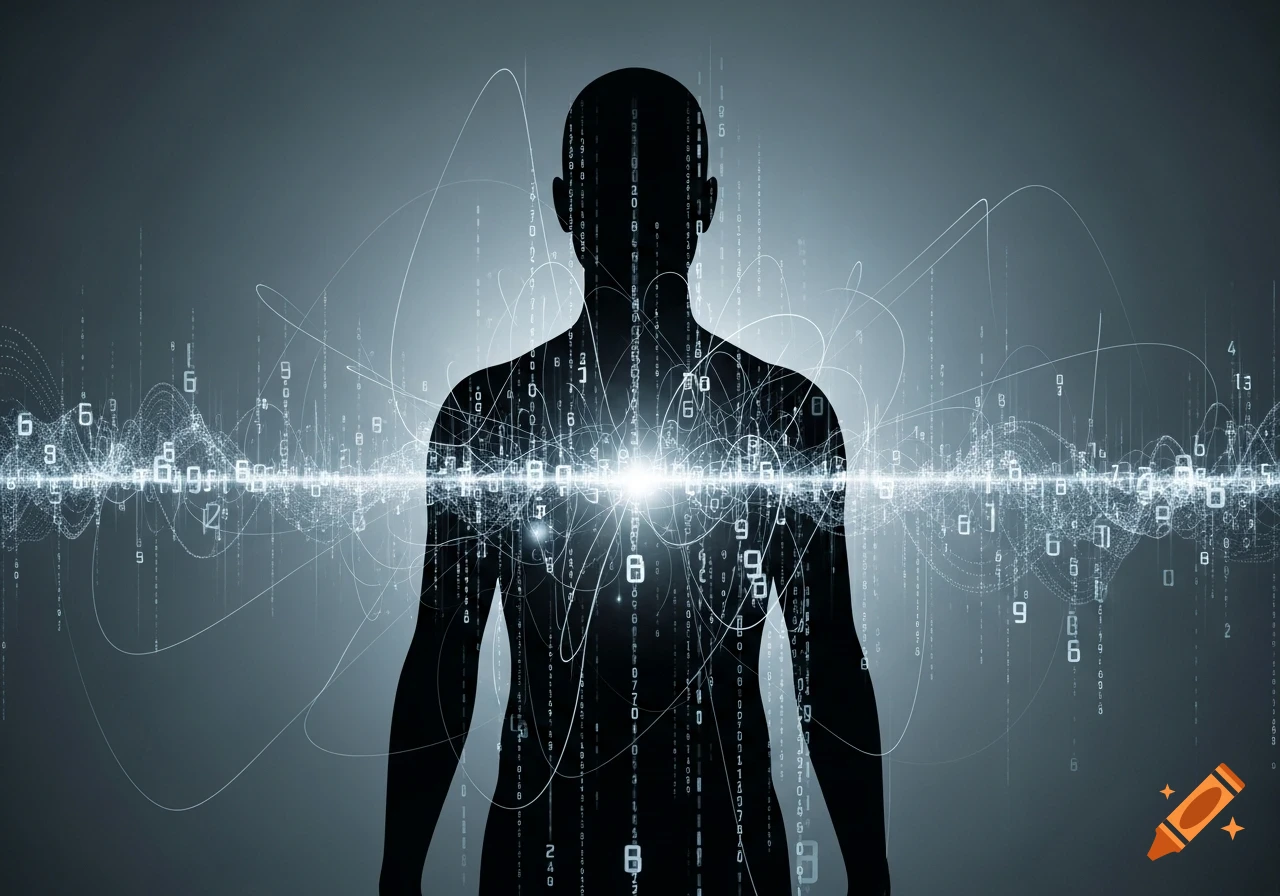 A dark silhouette of a human torso surrounded by glowing digital ...