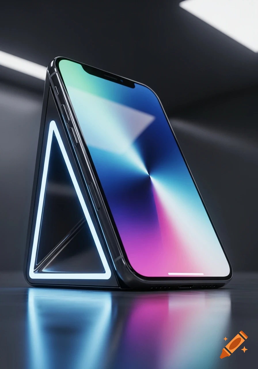 A modern smartphone stands on a glowing blue neon triangle against a dark, reflective background.