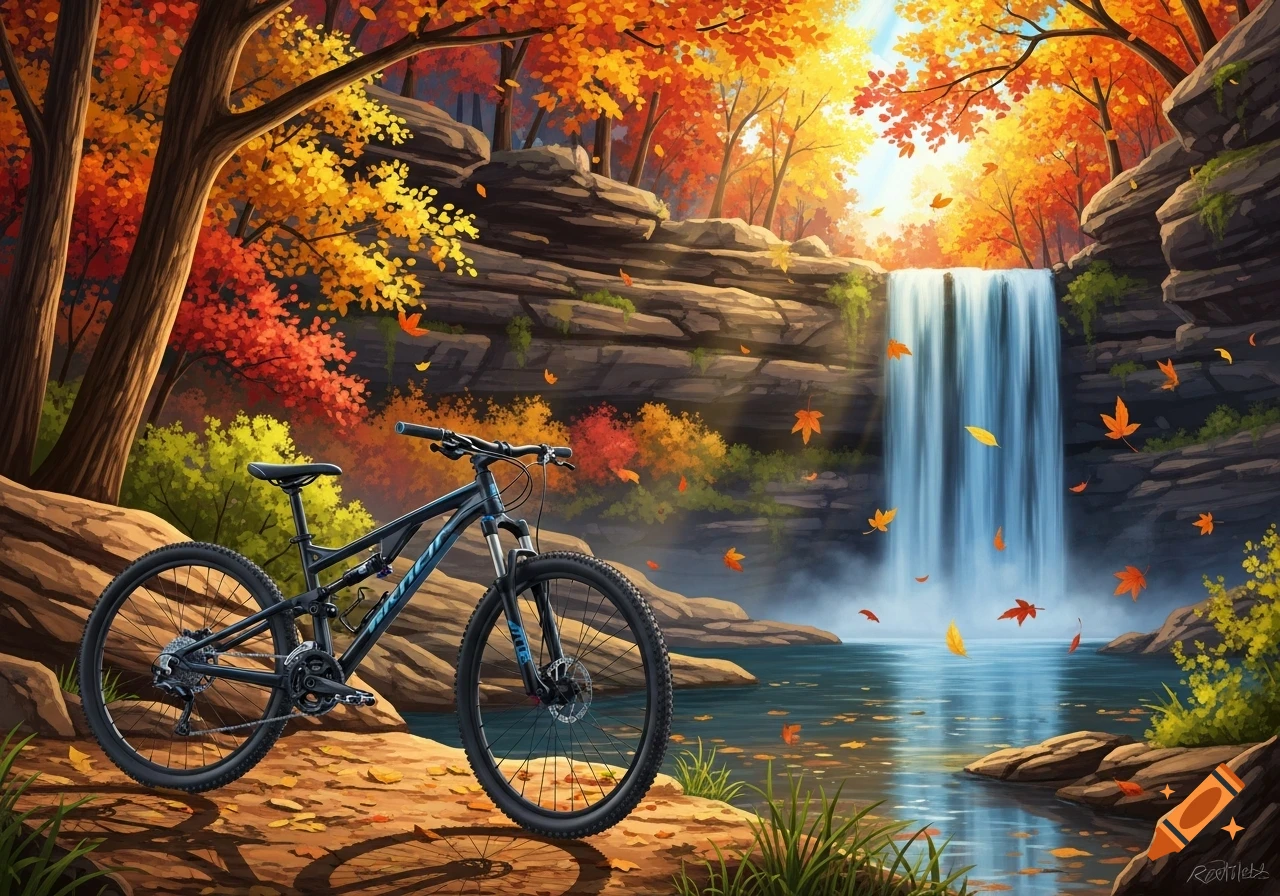 A mountain bike parked on a trail in a vibrant autumn forest with a waterfall and bluffs, digital art style.