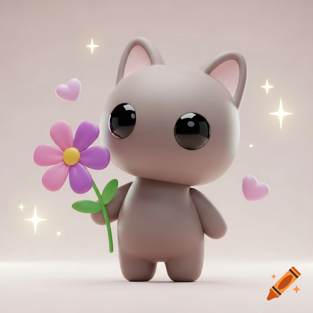 A taupe, kawaii 3D character with large black eyes holds a pink and purple flower, surrounded by floating hearts and sparkles on a light background.