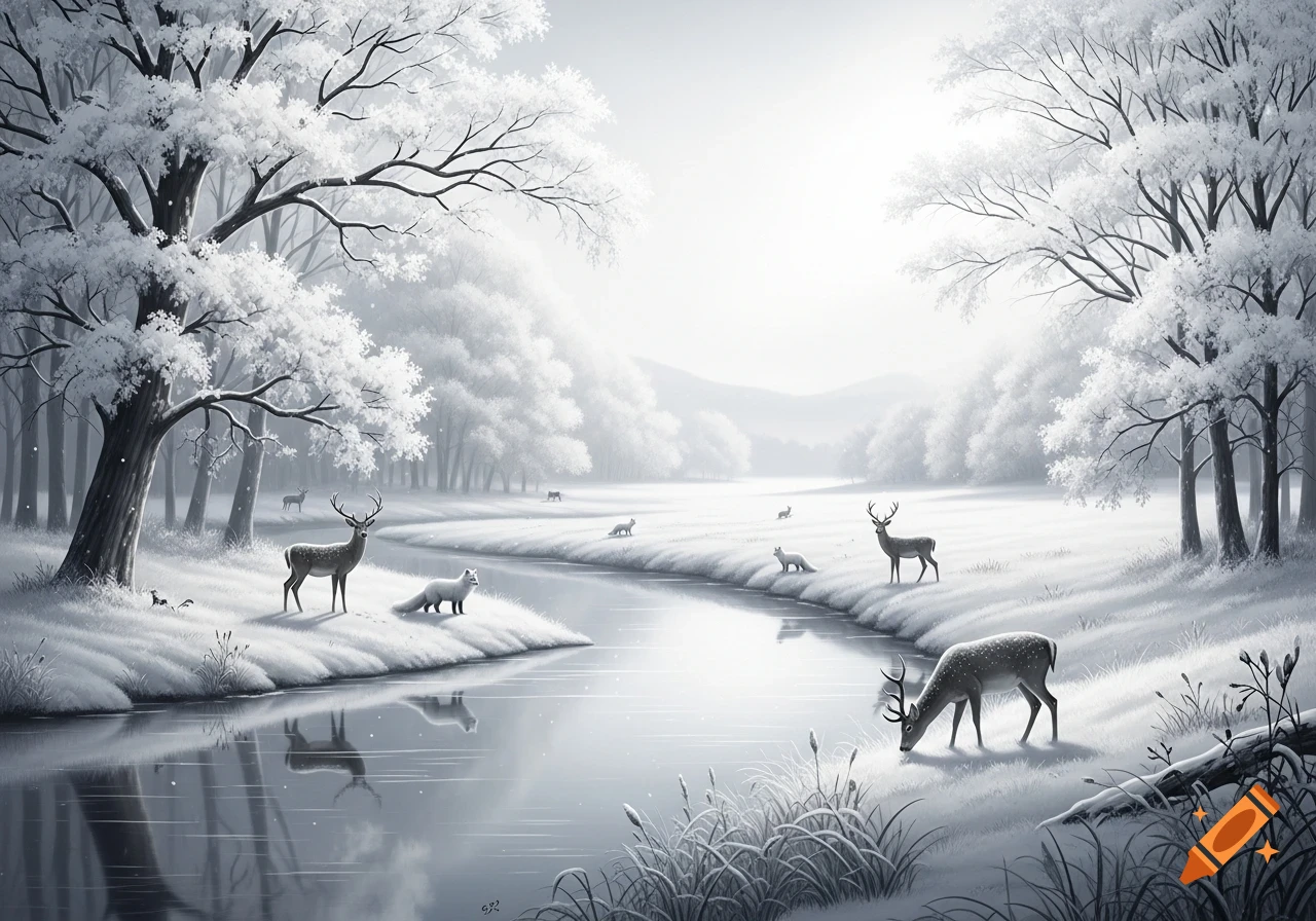 A serene winter landscape with a river flowing through snow-covered ...