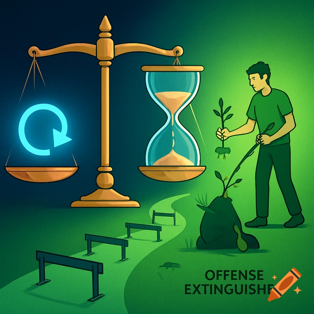 Symbolic illustration of justice with a balance scale, hourglass, a man planting a seedling, hurdles, and "OFFENSE EXTINGUISHED" text.