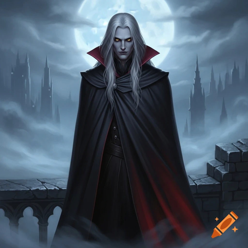 A pale vampire with long silver hair and glowing yellow eyes, wearing a black cape with red lining, stands against a full moon and a gothic castle backdrop.