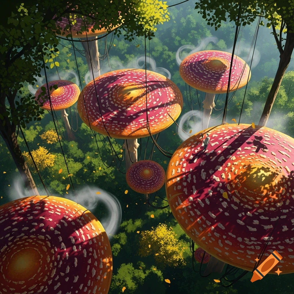 Giant red and orange spotted mushroom platforms suspended in a lush, misty fantasy forest.