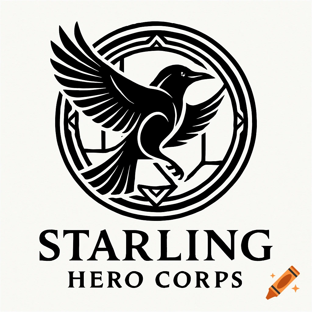 Black and white logo of a starling bird flying within a circular emblem, with 'STARLING HERO CORPS' text below.