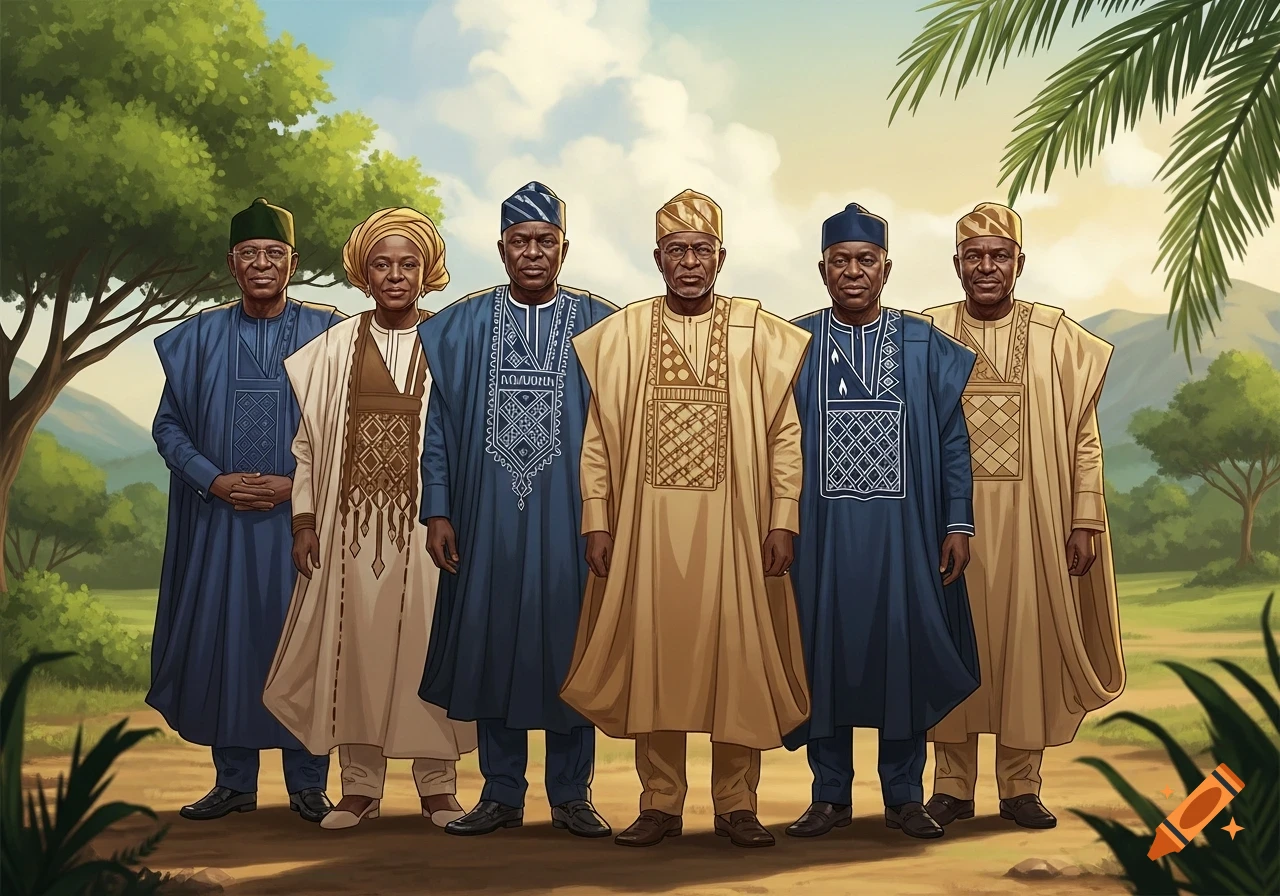 Six people, four men and two women, in traditional blue, white, and gold African attire, stand outdoors against a landscape with trees and mountains.