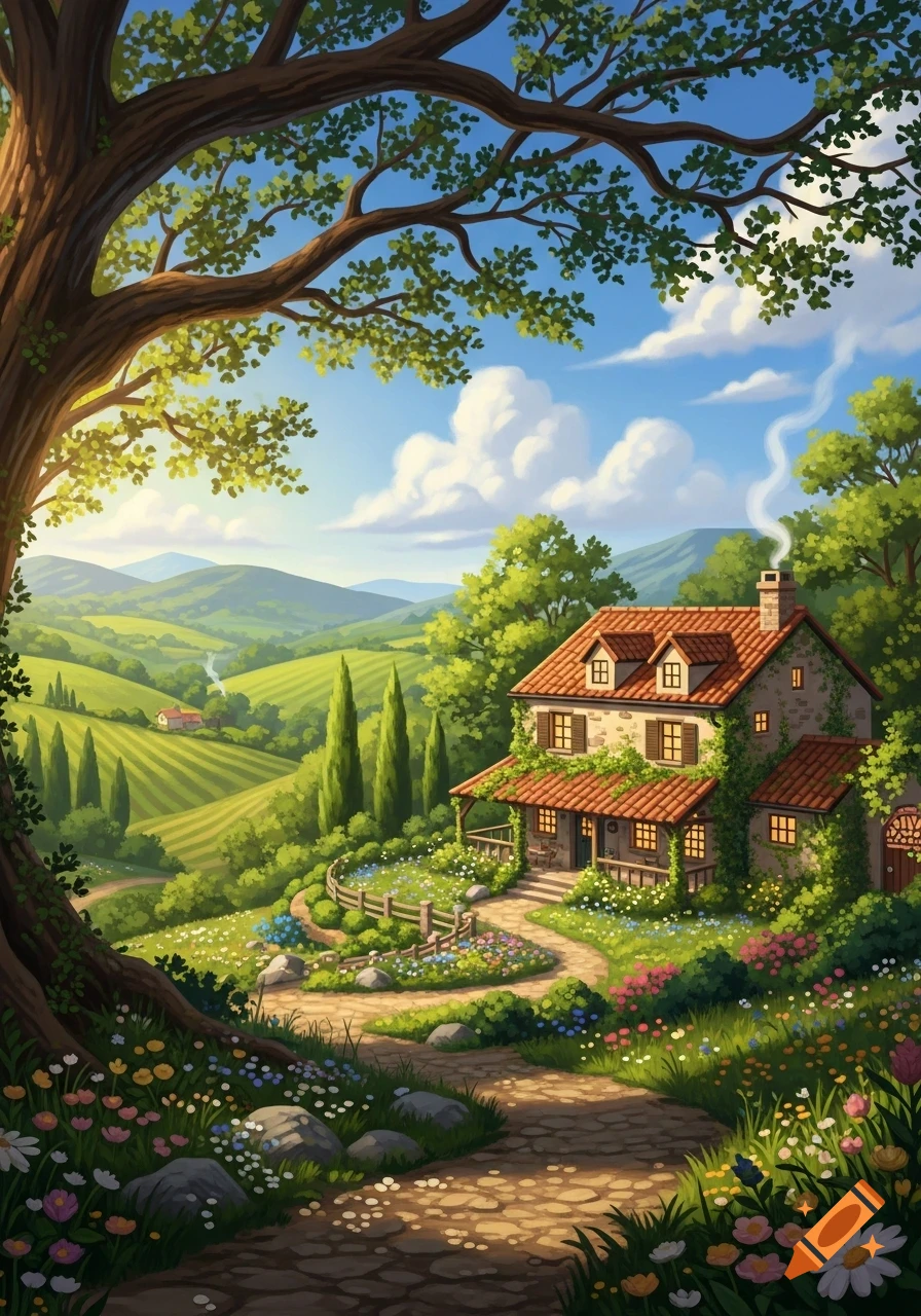 Vibrant illustration of a stone house with a red tile roof amidst lush green rolling hills, trees, and flowers.