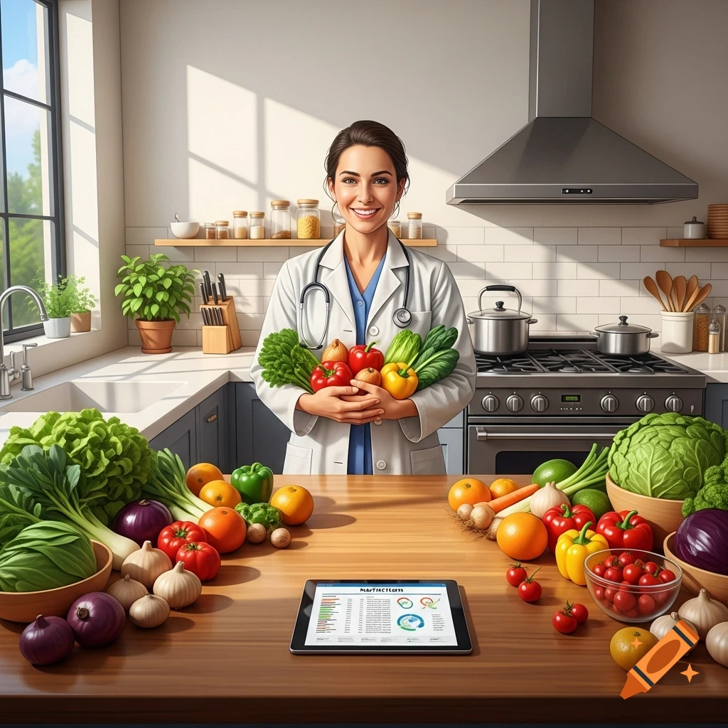 A smiling dietician in a white lab coat holds fresh vegetables in a bright kitchen, with a counter full of fruits, vegetables, and a tablet.