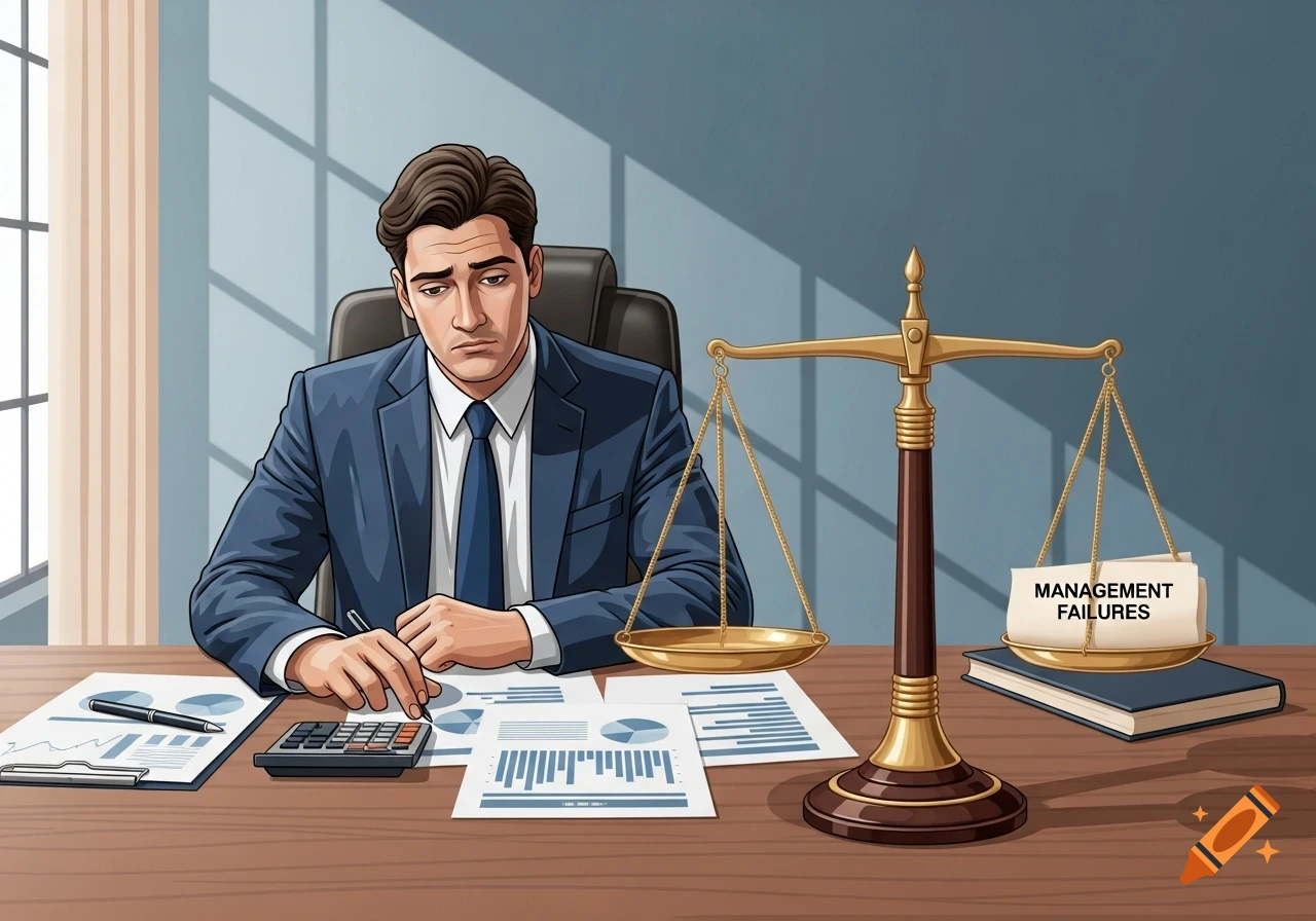 An illustration of a distressed businessman at a desk with financial documents, next to a scale of justice tipping towards 'MANAGEMENT FAILURES'.