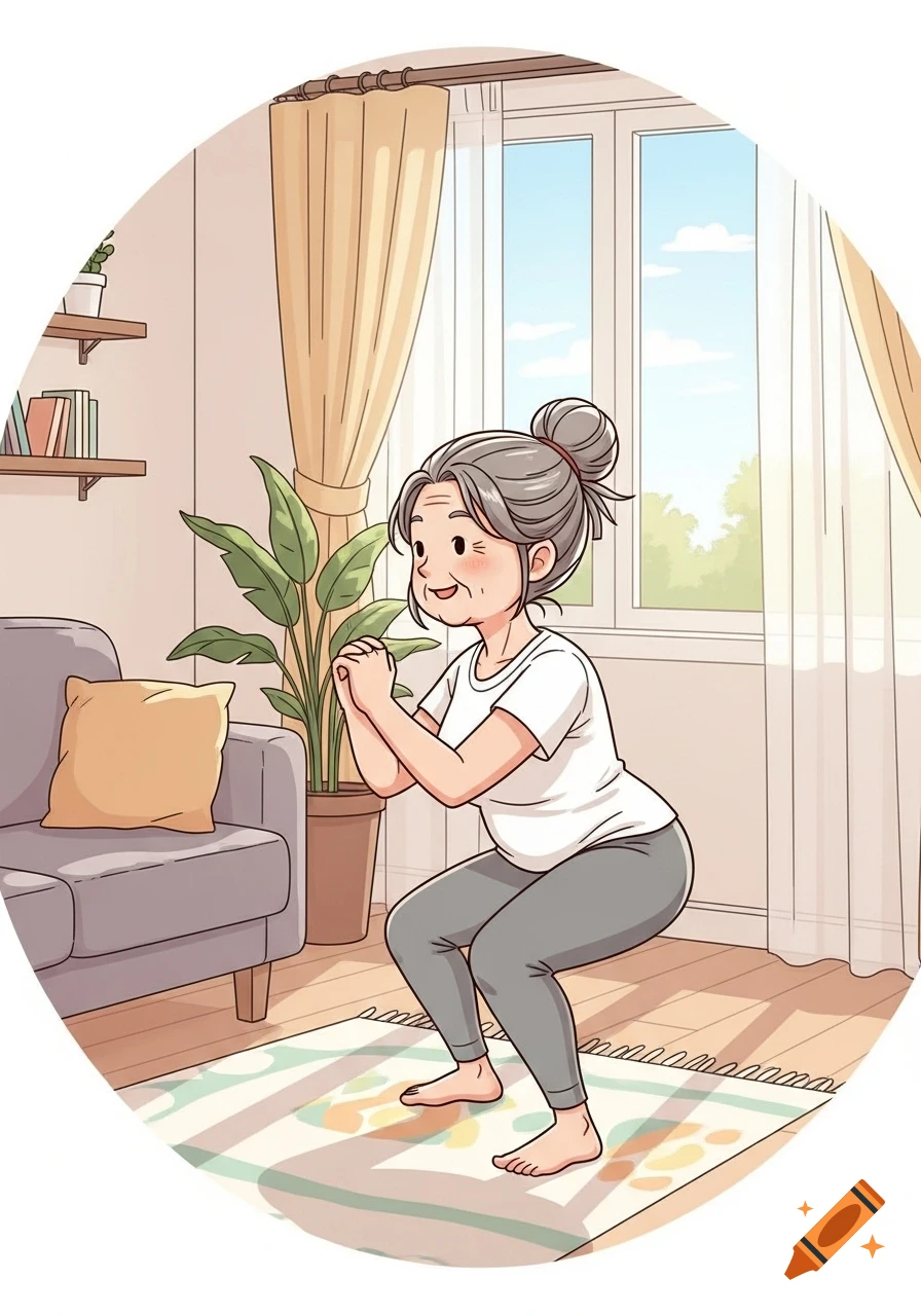 A cute cartoon illustration of an elderly woman with grey hair in a bun, wearing a white t-shirt and grey leggings, doing squats in a brightly lit living room.