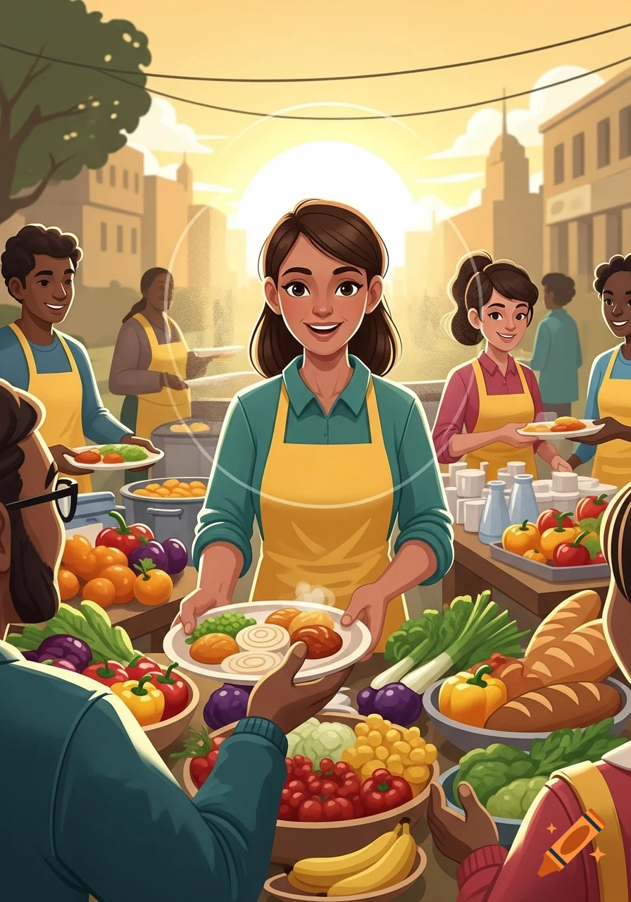 Cartoon illustration of volunteers serving food outdoors at a community event, with tables full of fresh produce and cooked meals.