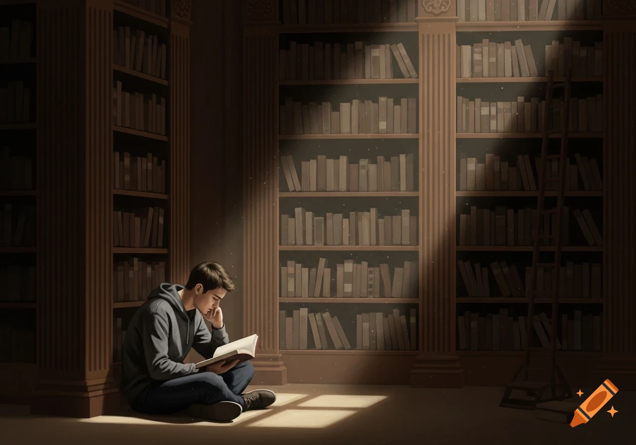 A student sits on the floor of a dimly lit library, reading a book in a beam of light, surrounded by tall bookshelves.