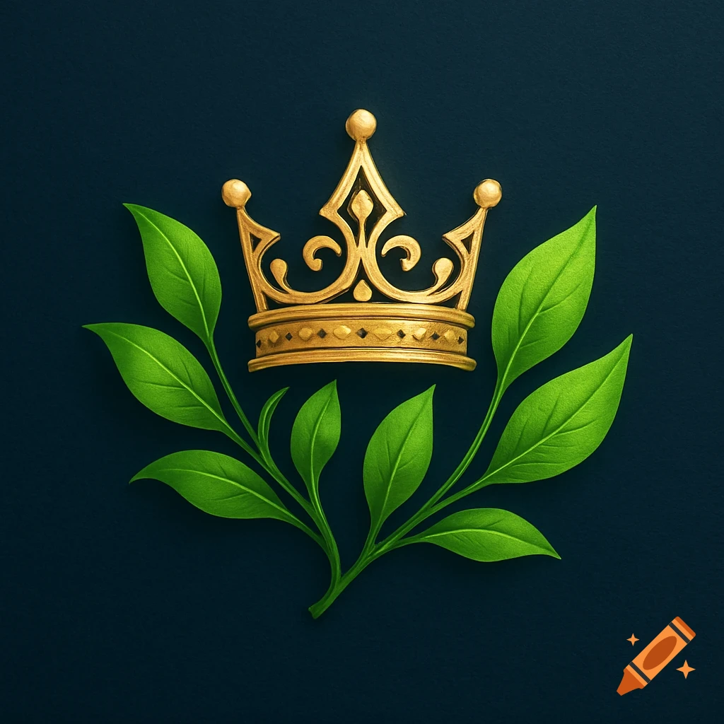 A golden crown sits atop a symmetrical arrangement of vibrant green leaves, all against a dark blue background in a logo style.