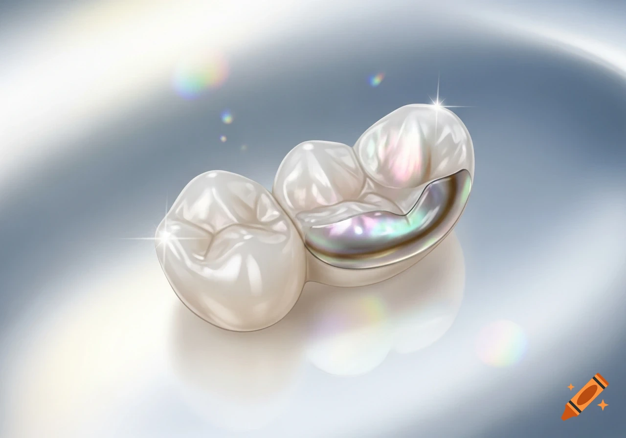 Two shiny, pearlescent dental inlays on a smooth, reflective light grey background in a realistic illustration.