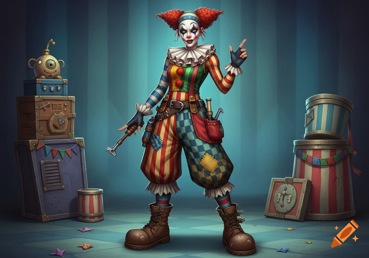 A colorful female clown in a striped and checkered outfit, holding a wrench, stands among circus props.