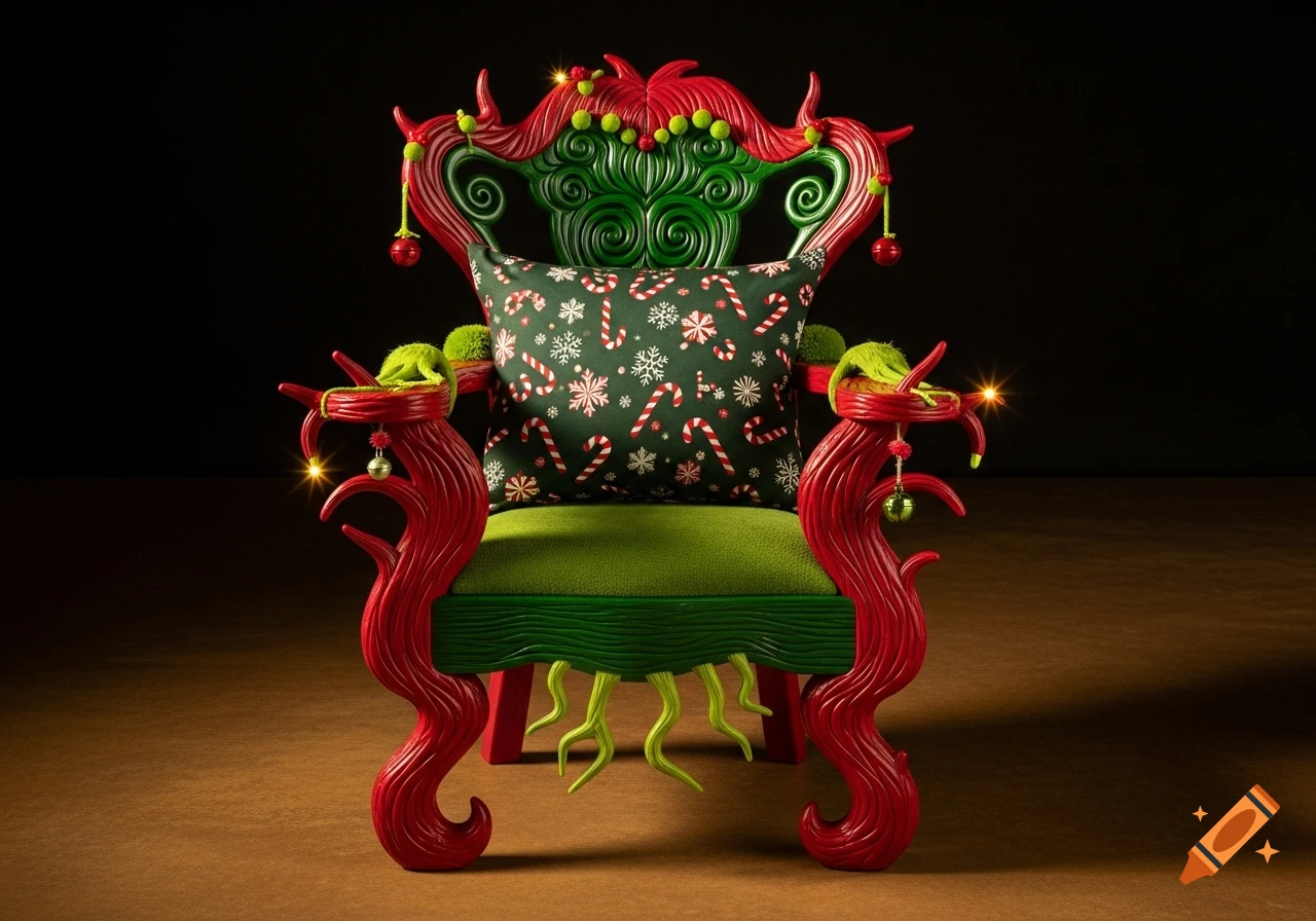A stylized red and green chair with a Grinch theme, featuring a Christmas-patterned pillow and festive ornaments.
