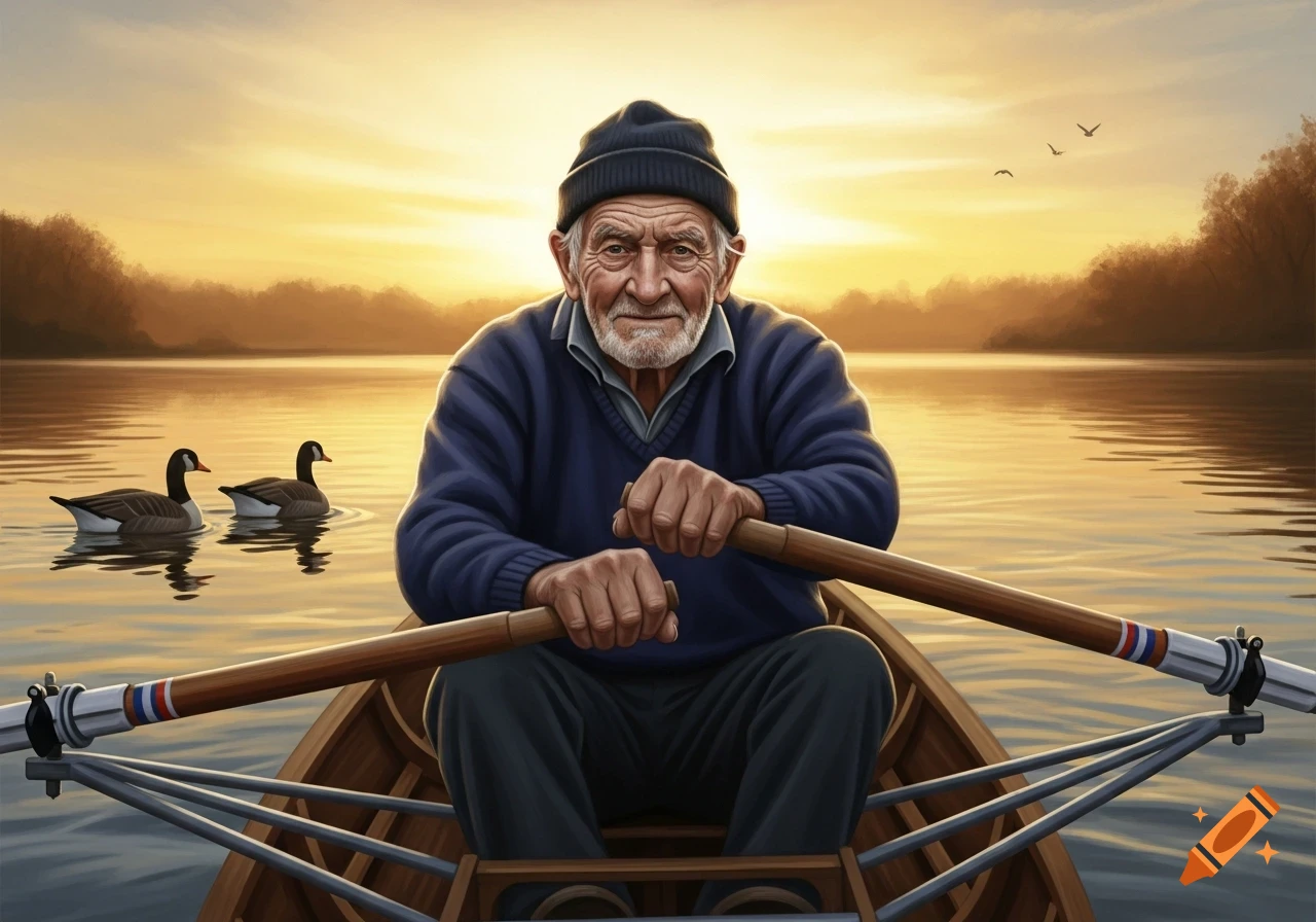 Elderly man in a beanie rows a wooden boat on a serene lake at sunset, with two geese swimming nearby.