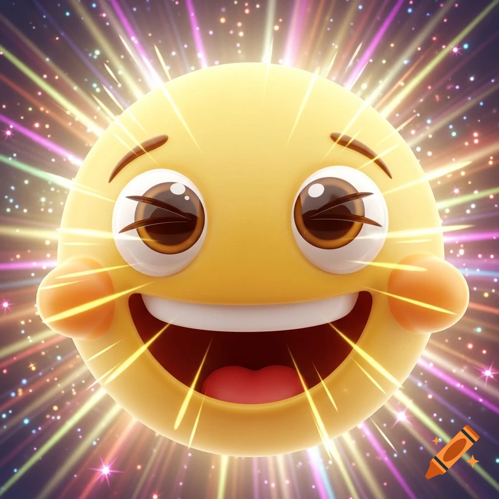 A smiling yellow emoji with wide eyes and an open mouth, surrounded by colorful sparkling rays.
